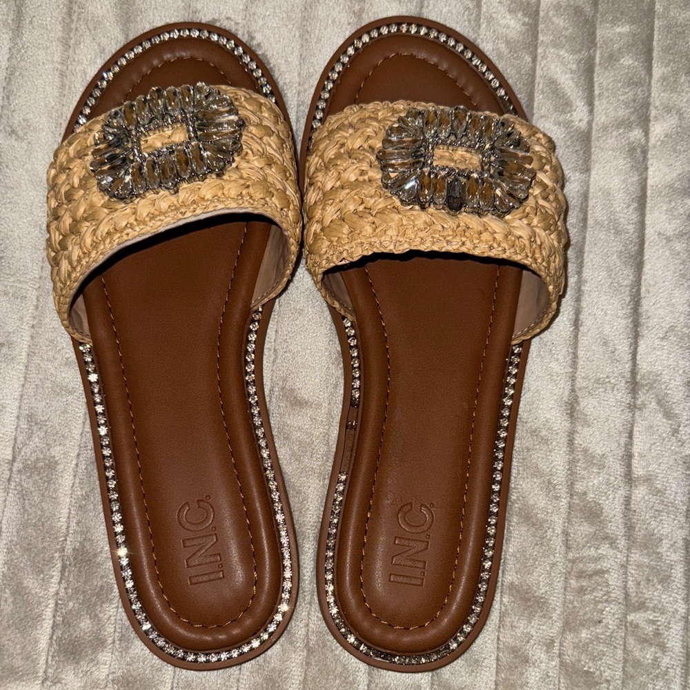 INC International Concepts Tan Woven Slide Sandals with Rhinestones - Picture 2 of 16
